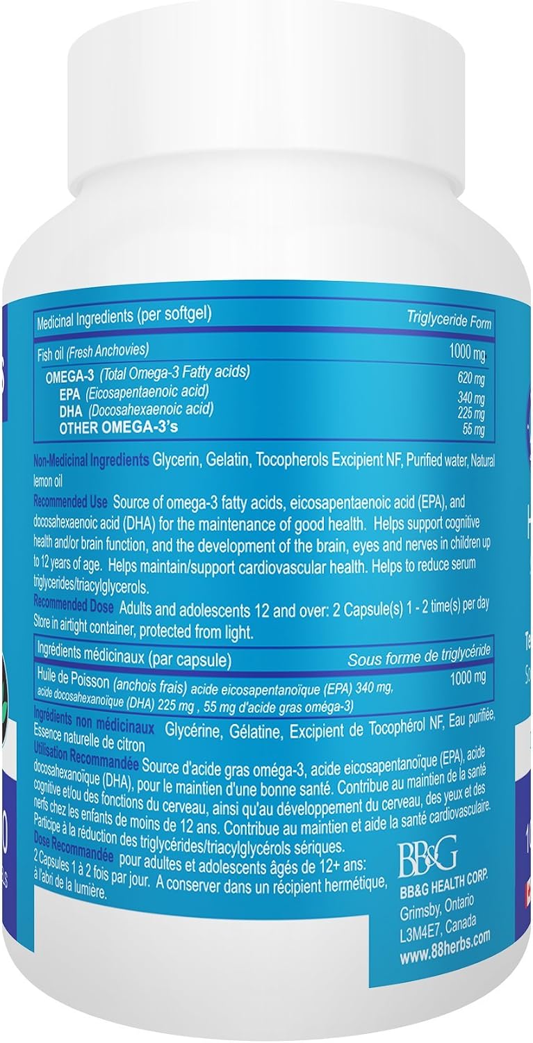 88Herbs Fish Oil riblje ulje Omega-3 1000 mg sa 620 mg omega-3, 340 mg EPA i 225 mg DHA po kapsuli. Prirodna trigliceridna forma i visoka koncentracija EPA i DHA.